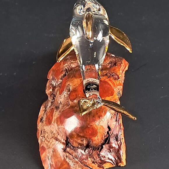 Glass Baron Clear Glass Dolphin Sculpture W 22 K Gold Accents On Burl Wood Base - Picture 2 of 10